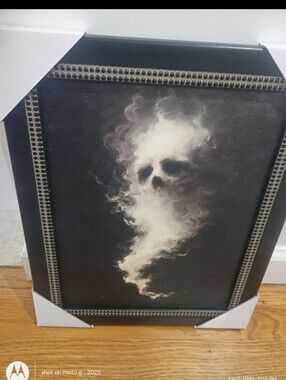 Black Framed Halloween Picture with Skull in Plume Cloud of Smoke